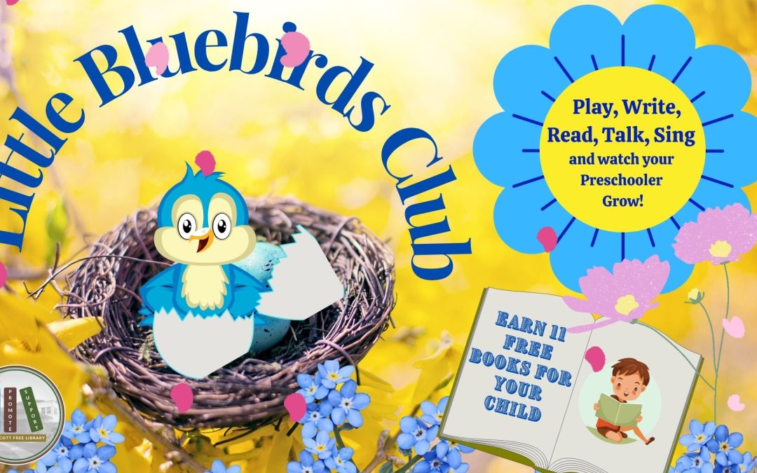 Cartoon bluebird in a nest on a yellow background with text promoting the "Little Bluebirds Club."