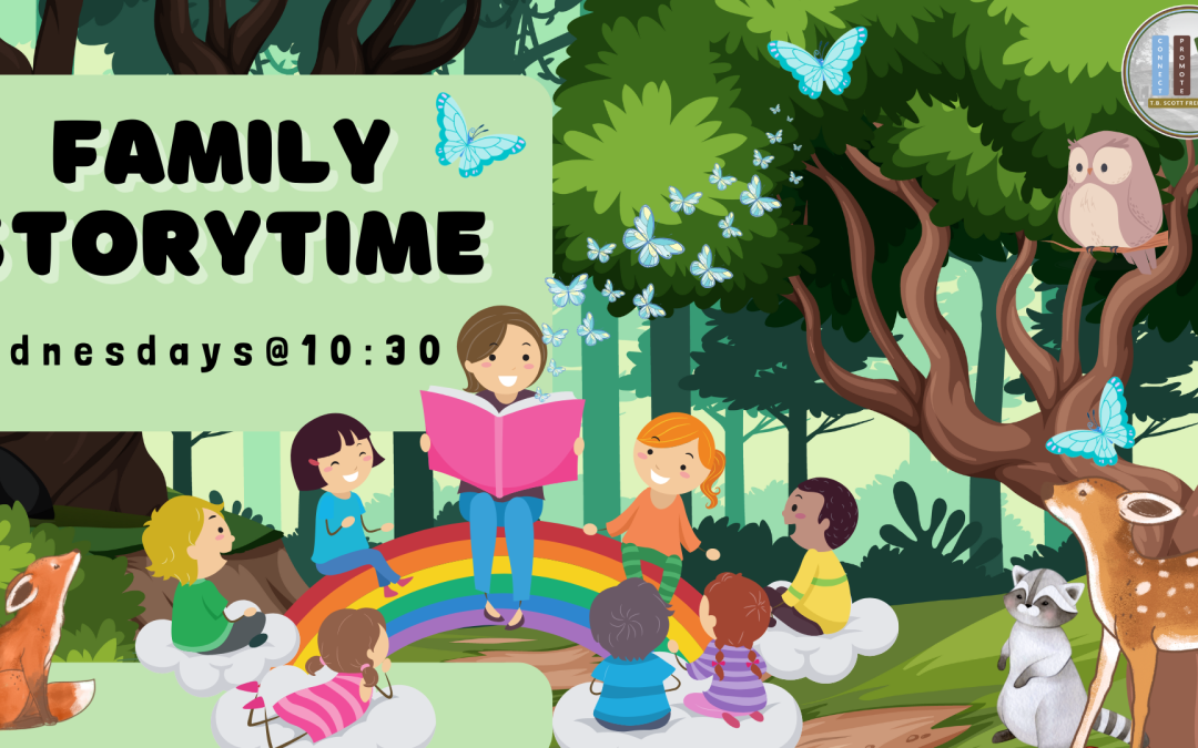 Children and animals gather around a woman reading on a rainbow in a forest, with text about a storytime event.