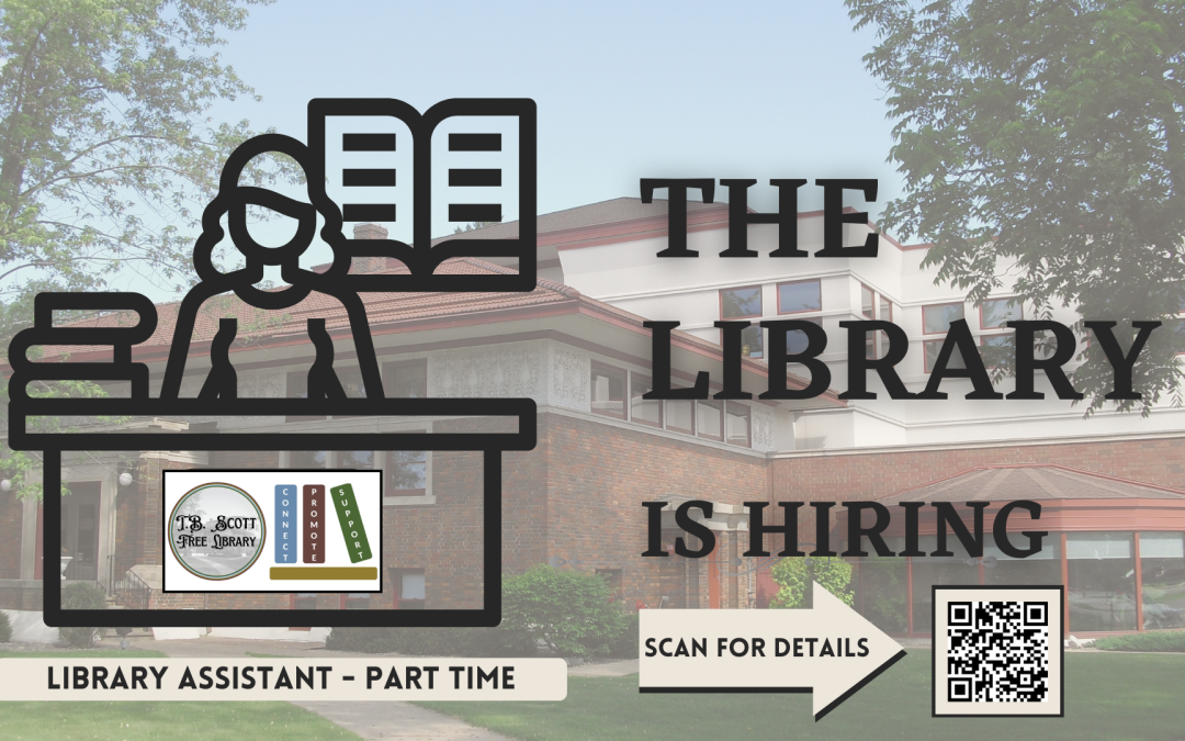 Library hiring advertisement with a red-brick building background, featuring text, a QR code, and library logo.