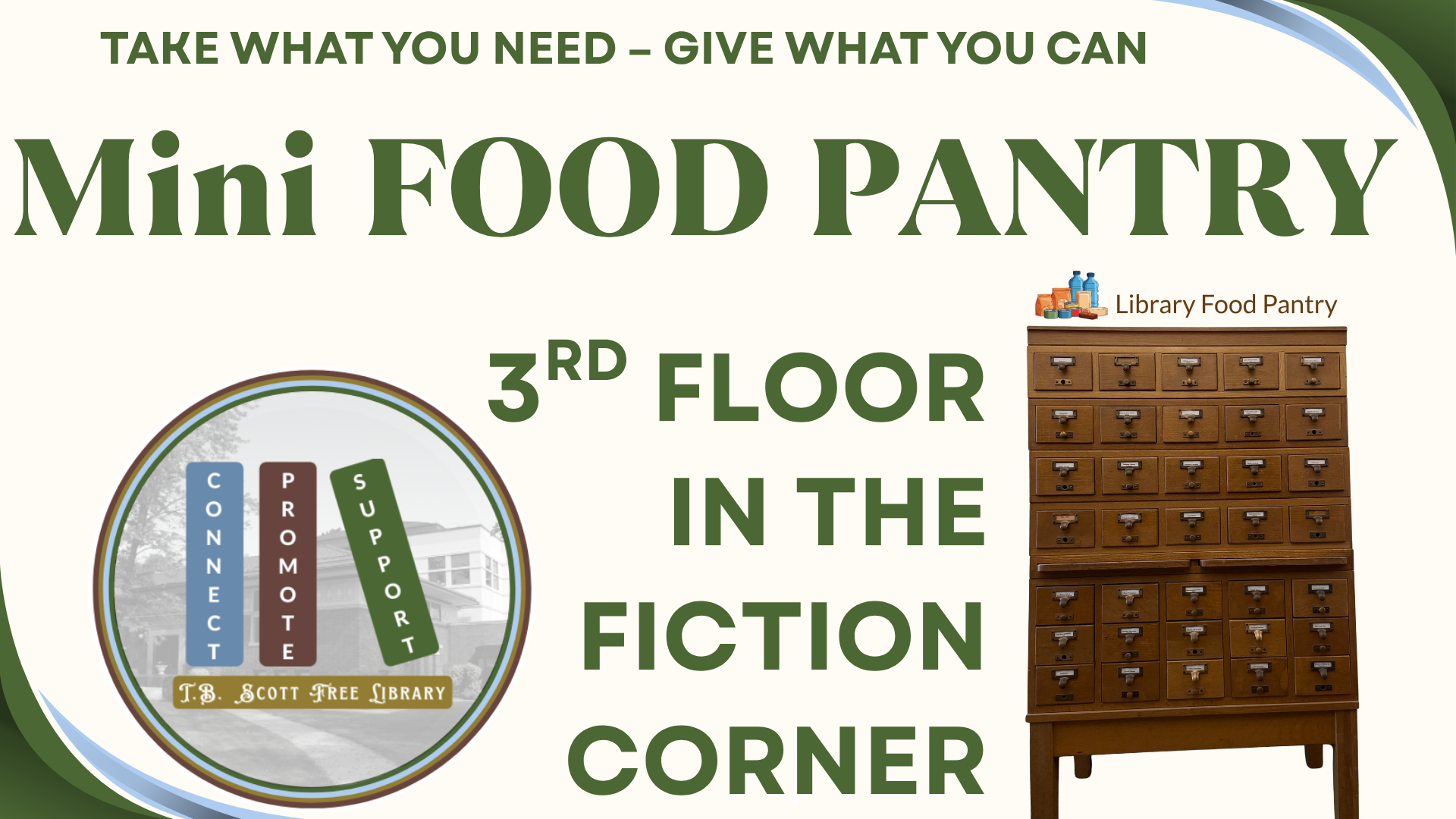 Library's Mini Food Pantry announcement featuring a card catalog cabinet and library logo.