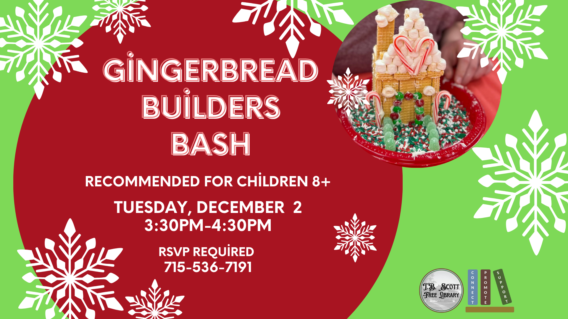 Festive flyer for a "Gingerbread Builders Bash" with a gingerbread house and event details.