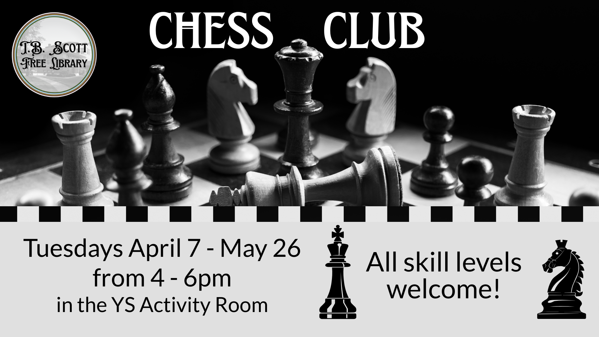 Monochrome image advertising a chess club with chess pieces and meeting details.