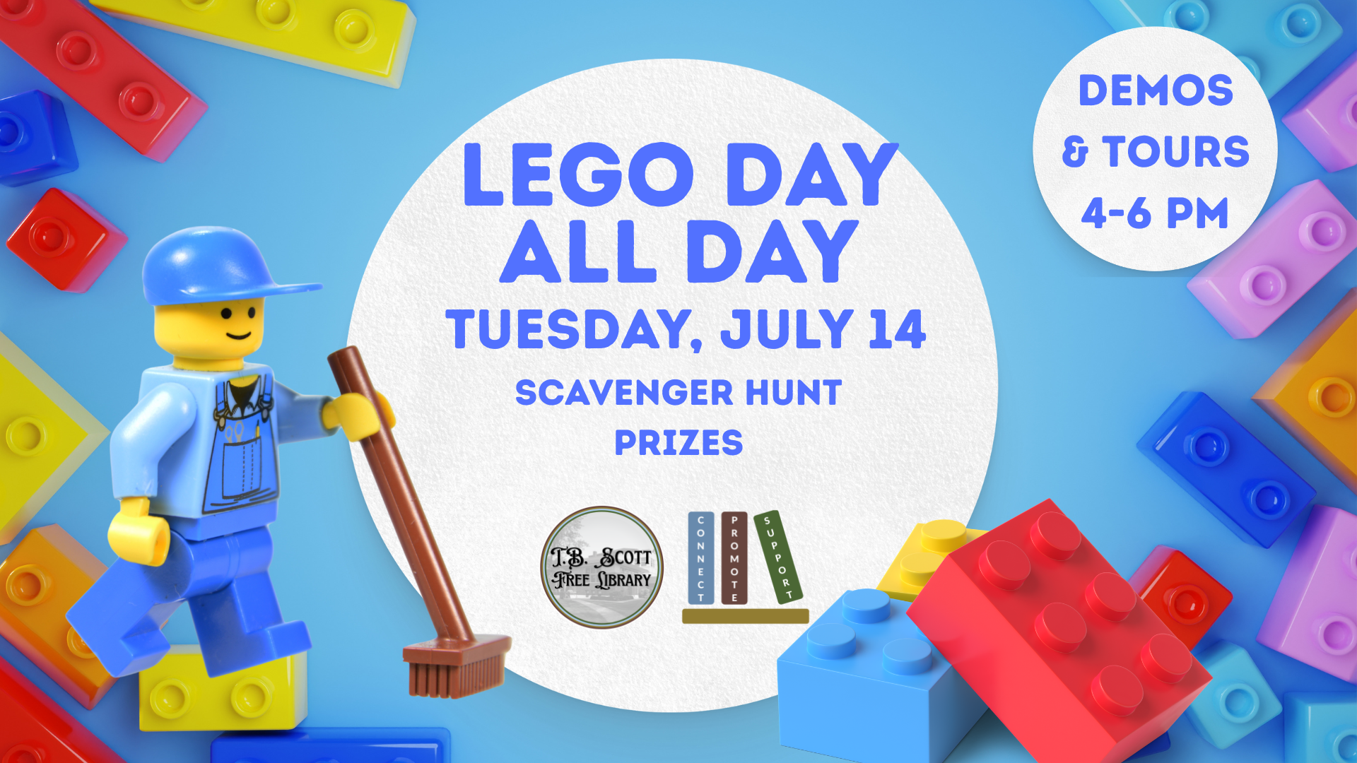 LEGO event announcement with details and colorful LEGO bricks scattered.